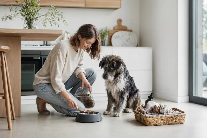 Ein Altdeutscher Hütehund sitzt neben einem hochwertigen Futternapf und Pflegezubehör, während sein Besitzer gesundes Futter in einer hellen Küche zubereitet.