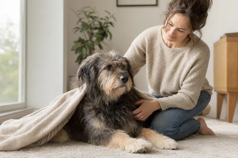 Ein Altdeutscher Hütehund entspannt in einem hellen Zuhause, während sein Besitzer ihm liebevoll eine Decke überlegt, Symbol für Geborgenheit und Schutz.