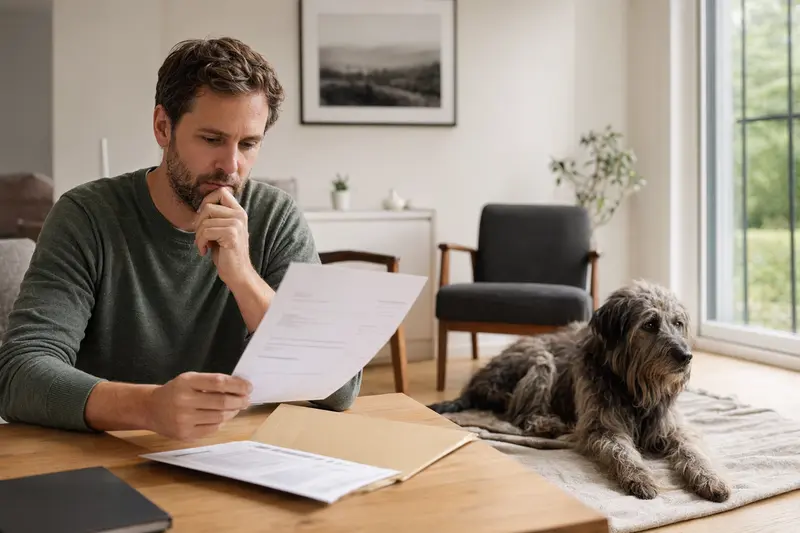 Ein entspannter Altdeutscher Hütehund liegt neben einem Besitzer, der eine Tierarztrechnung betrachtet.