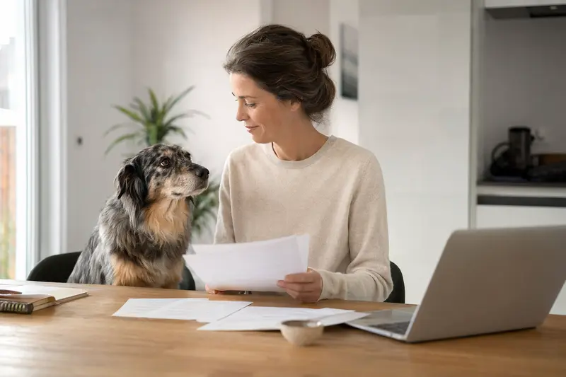 Ein Altdeutscher Hütehund sitzt ruhig neben seinem Besitzer am Küchentisch mit Versicherungsunterlagen und einem Laptop.
