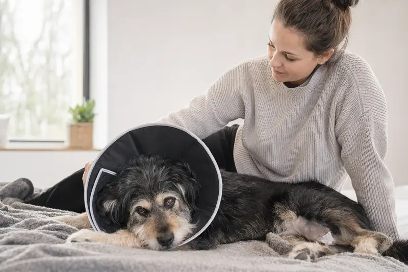 Ein Altdeutscher Hütehund ruht mit einem medizinischen Schutzkragen auf einer Decke, während sein Besitzer ihm liebevoll beisteht.