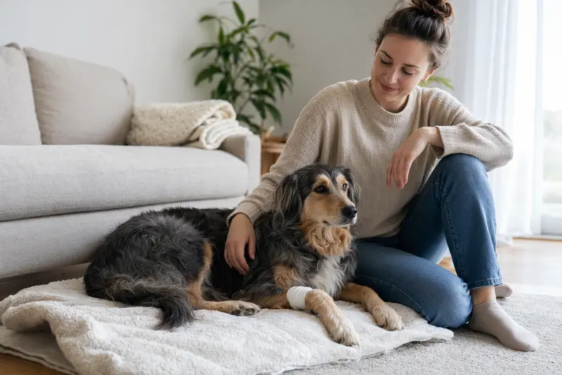 Ein Altdeutscher Hütehund mit leichtem Verband an der Pfote liegt ruhig neben seinem Besitzer auf einer Decke in einer hellen Wohnung.