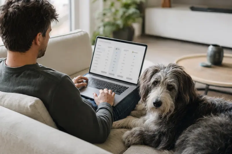 Ein Hundebesitzer arbeitet mit seinem Laptop auf dem Sofa, während sein Altdeutscher Hütehund neben ihm sitzt.