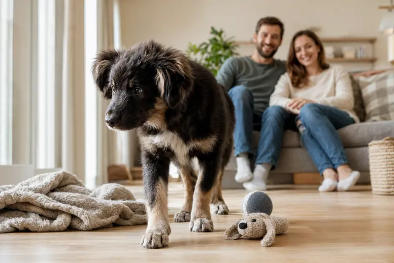 Ein neugieriger Altdeutscher Hütehund Welpe erkundet sein neues Zuhause auf einer weichen Decke.