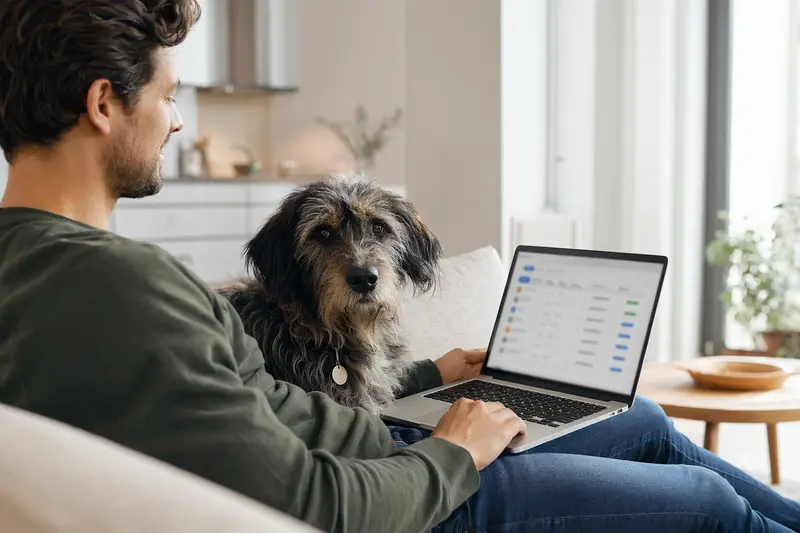 Ein Hundebesitzer nutzt einen Laptop auf dem Sofa, während ein Altdeutscher Hütehund daneben sitzt, was die Suche nach einer Tierkrankenversicherung zeigt.