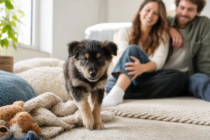 Ein neugieriger Altdeutscher Hütehund Welpe erkundet sein neues Zuhause auf einer weichen Decke.