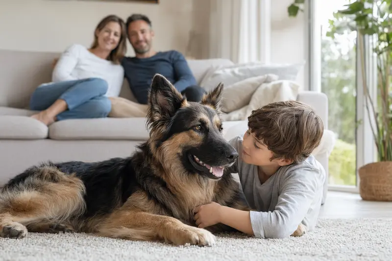 Ein freundlicher Altdeutscher Schäferhund liegt entspannt neben einem Kind in einem hellen Wohnzimmer.