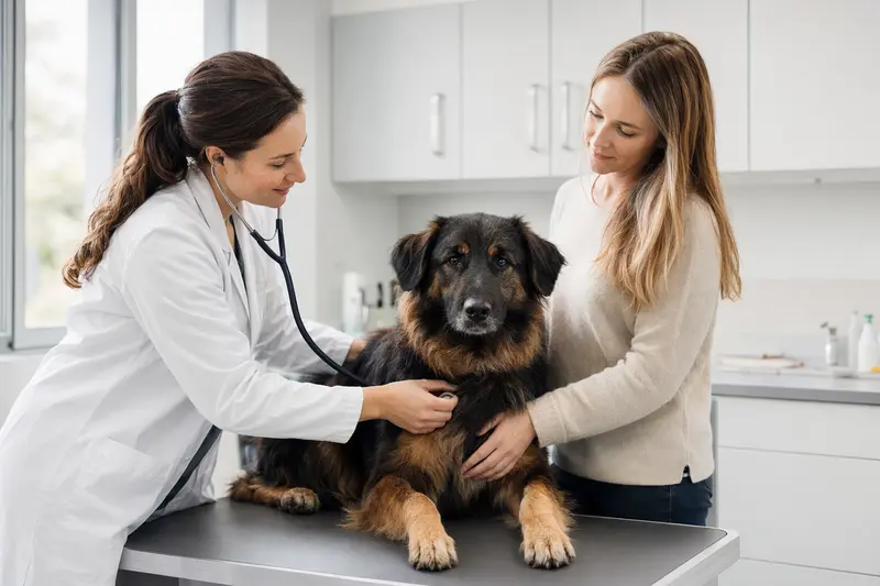 Ein Altdeutscher Schäferhund wird von einer freundlichen Tierärztin in einer modernen Praxis untersucht, während sein Besitzer beruhigend danebensteht.