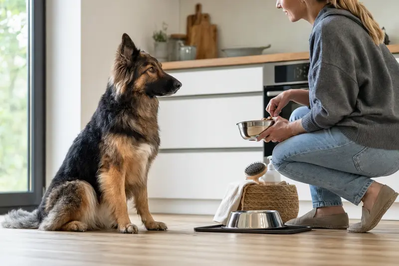 Ein Altdeutscher Schäferhund sitzt neben einem hochwertigem Futternapf und Pflegezubehör in einer hellen Küche, während der Besitzer Futter vorbereitet.
