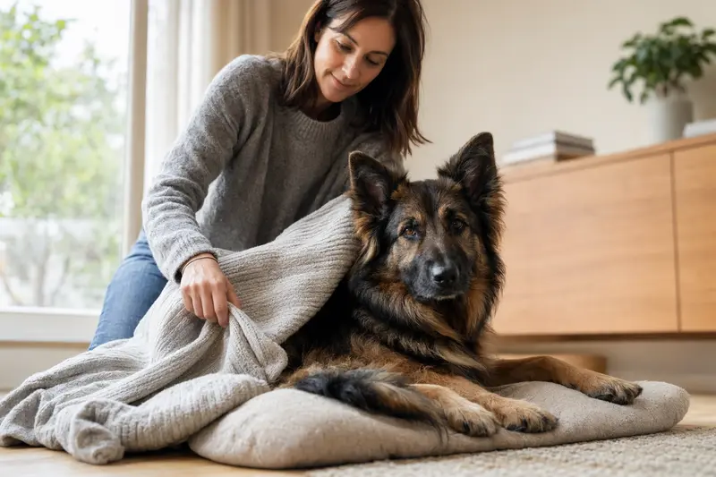 Ein Altdeutscher Schäferhund ruht gemütlich im Wohnzimmer, während sein Besitzer ihm liebevoll eine Decke überlegt und Geborgenheit vermittelt.