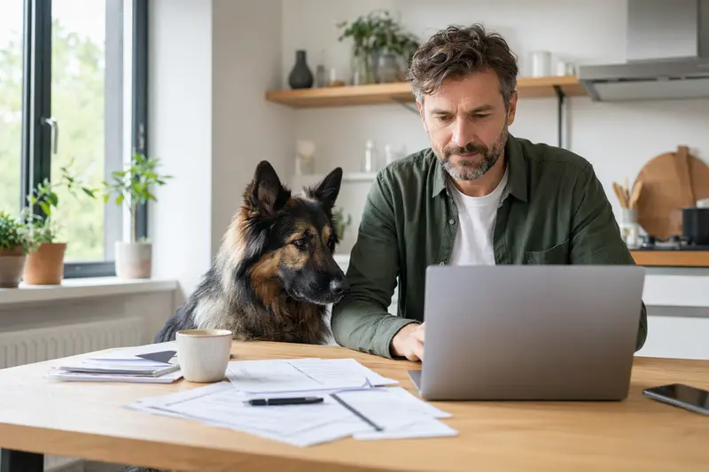 Ein Altdeutscher Schäferhund sitzt ruhig neben seinem Besitzer am Küchentisch, umgeben von Versicherungsunterlagen und einem Laptop.