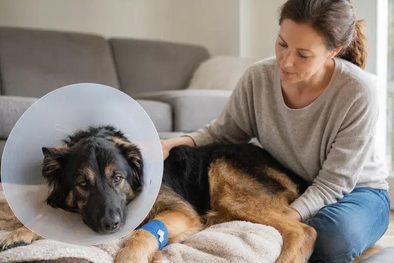 Ein Altdeutscher Schäferhund entspannt nach einer tierärztlichen Behandlung auf einer weichen Decke mit einem Schutzkragen.