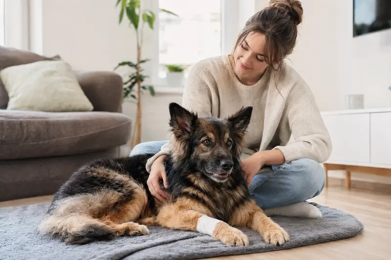 Ein altdeutscher Schäferhund mit leichtem Verband an der Pfote liegt entspannt auf einer Decke, während sein Besitzer beruhigt daneben sitzt.