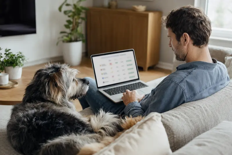 Ein entspannter Hundebesitzer sitzt mit Laptop auf dem Sofa neben einem Altdeutschen Schäferhund und vergleicht Tierversicherungen.