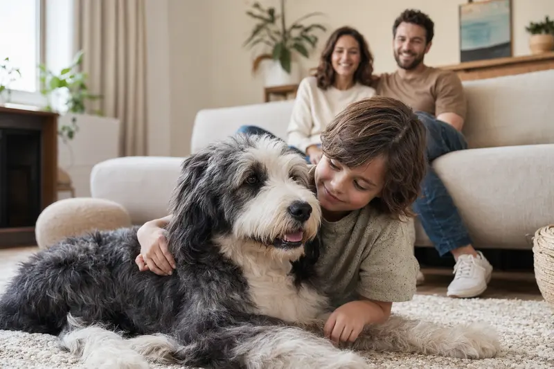 Ein entspannter Altenglischer Schäferhund liegt neben einem Kind im Wohnzimmer und strahlt eine vertrauensvolle Familienatmosphäre aus.