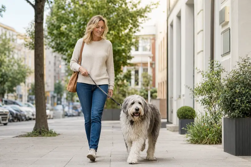 Ein Altenglischer Schäferhund spaziert mit seinem Besitzer an der Leine durch eine moderne Stadtstraße, umgeben von einem sauberen und freundlichen Ambiente.