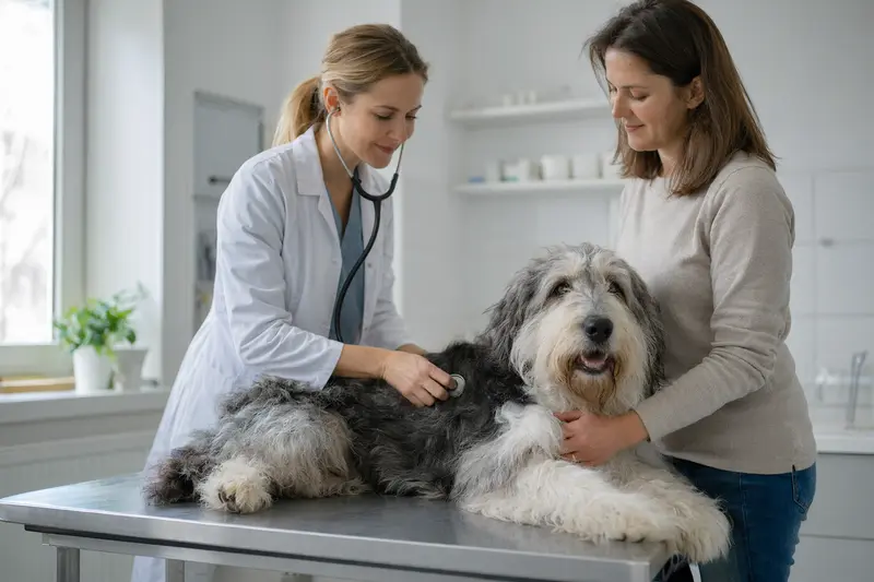 Ein Altenglischer Schäferhund wird behutsam von einer Tierärztin in einer modernen Praxis mit einem Stethoskop untersucht.