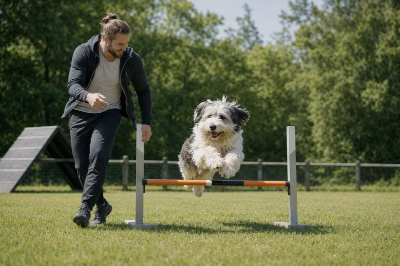 Ein Altenglischer Schäferhund beim Training mit seinem Besitzer auf einem Hundeplatz, voller Freude und Energie.
