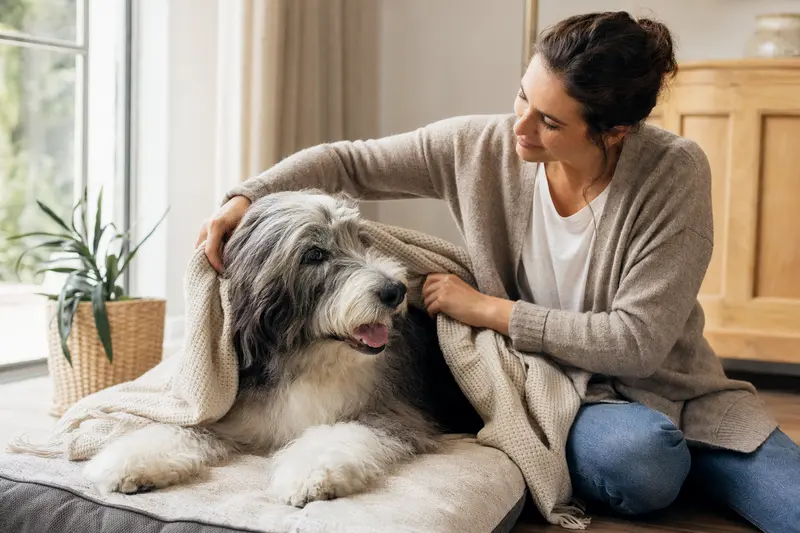 Ein entspannter Altenglischer Schäferhund liegt in einem hellen Zuhause, während sein Besitzer liebevoll eine Decke über ihn legt, was Schutz und Geborgenheit symbolisiert.