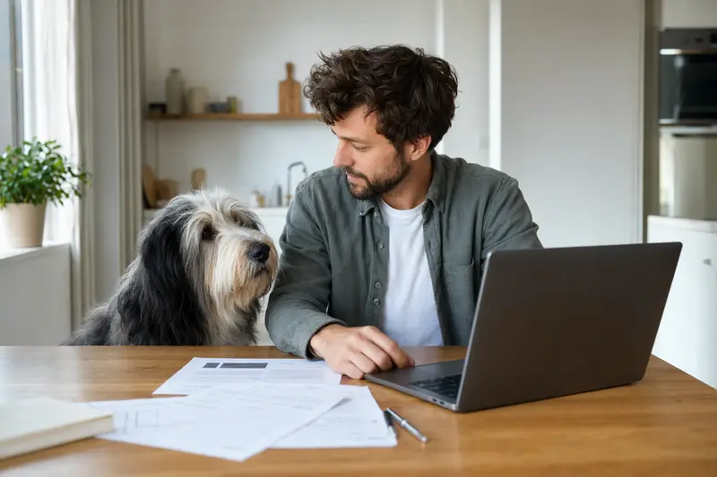 Ein Altenglischer Schäferhund sitzt entspannt neben seinem Besitzer am Küchentisch mit Versicherungsunterlagen.