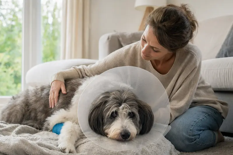 Ein Altenglischer Schäferhund ruht nach einer tierärztlichen Behandlung mit Schutzkragen neben seinem beruhigenden Besitzer.