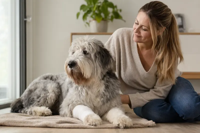 Ein Altenglischer Schäferhund mit einem leichten Verband an der Pfote liegt friedlich auf einer Decke, während sein erleichterter Besitzer neben ihm sitzt.