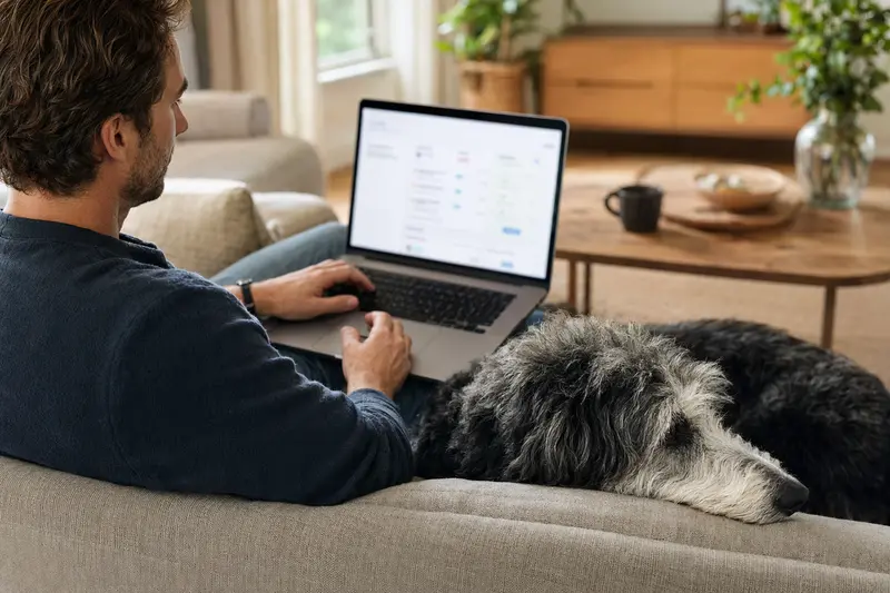 Besitzer mit Laptop auf Sofa neben Altenglischem Schäferhund, zeigt neutrale Versicherungsvergleichs-Oberfläche.