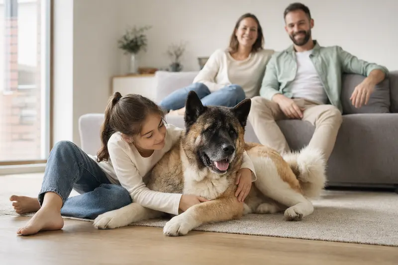 Ein freundlicher American Akita liegt entspannt neben einem Kind im Wohnzimmer, während die Eltern im Hintergrund eine sichere Familienatmosphäre vermitteln.