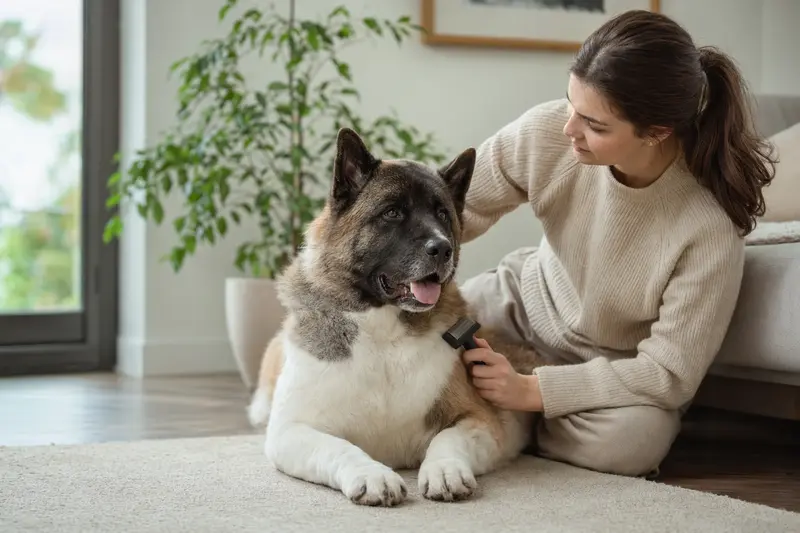 Ein American Akita wird zuhause sanft gebürstet, während der Besitzer die Fellpflege liebevoll und aufmerksam übernimmt.