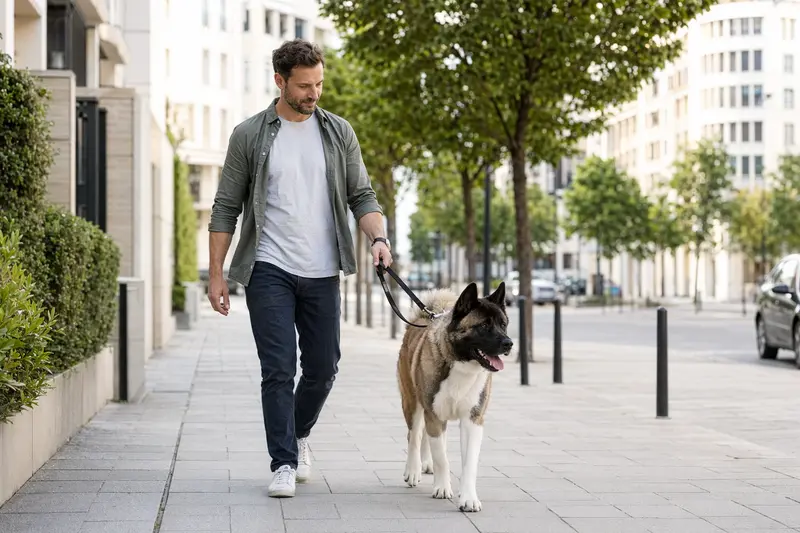 Ein American Akita läuft an der Leine mit seinem Besitzer durch eine freundliche moderne Stadtstraße.
