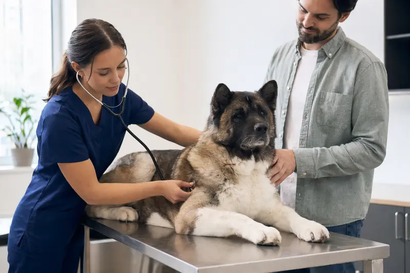 Ein ruhiger American Akita Hund auf einem Untersuchungstisch in einer modernen Tierarztpraxis wird von einer freundlichen Tierärztin mit einem Stethoskop untersucht.