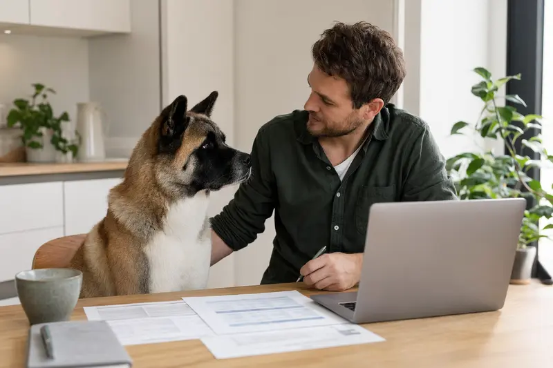 Ein American Akita sitzt ruhig neben seinem Besitzer am Küchentisch, während Versicherungsunterlagen und ein Laptop mit einer neutralen Vergleichsseite sichtbar sind.
