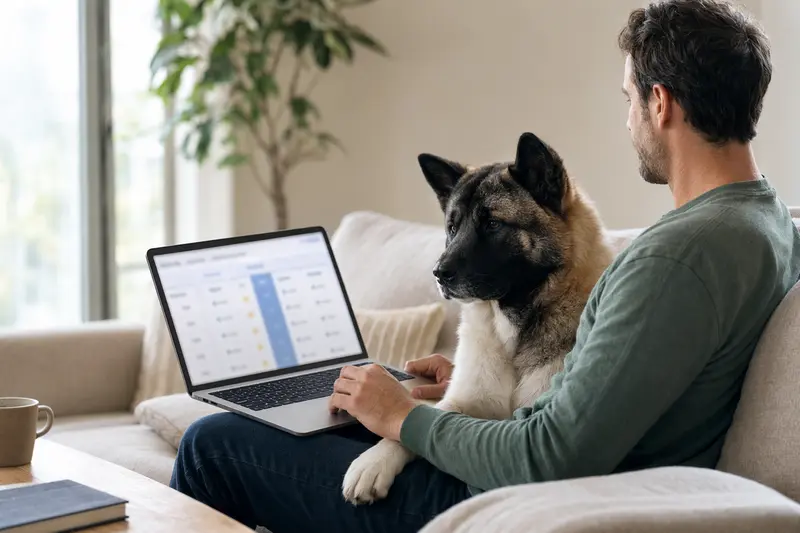 Ein Besitzer sitzt entspannt mit einem Laptop auf dem Sofa, während sein American Akita neben ihm liegt, was eine vertrauensvolle Entscheidung für eine Tierversicherung symbolisiert.