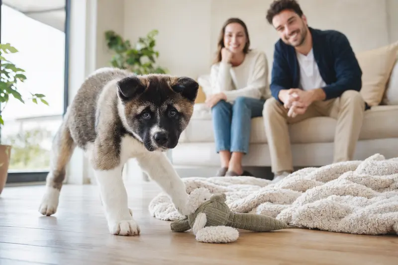 Ein neugieriger American Akita Welpe erkundet seine neue, freundliche Umgebung mit Familie und Spielzeug.