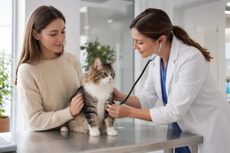 Eine ruhige American Bobtail Katze wird von einer freundlichen Tierärztin mit einem Stethoskop in einer modernen Tierarztpraxis untersucht.
