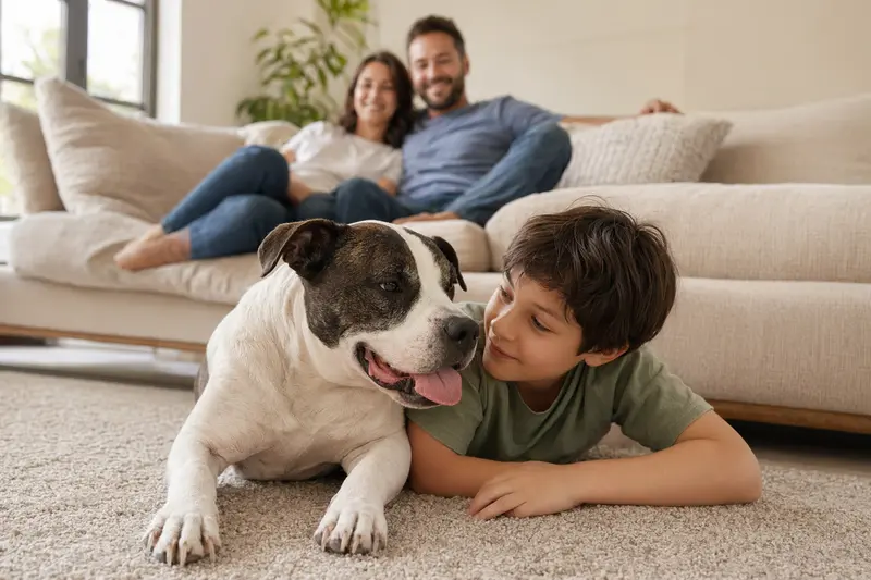 Ein freundlicher American Bulldog liegt entspannt neben einem Kind im Wohnzimmer und schafft eine vertrauensvolle Atmosphäre.