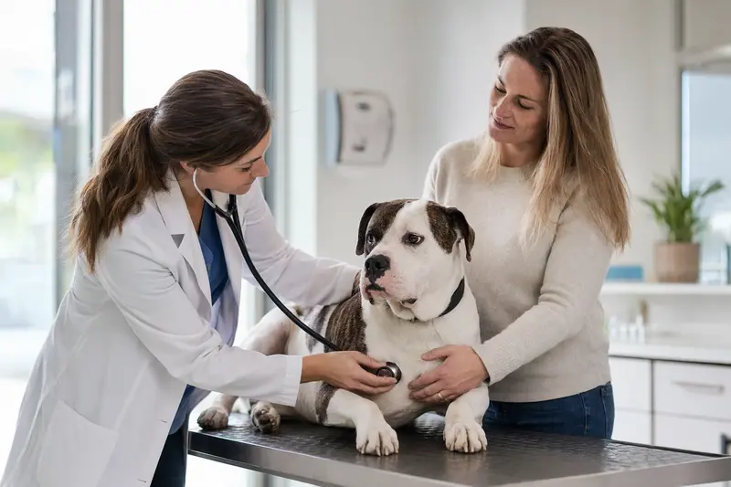 Ein ruhiger American Bulldog auf einem Untersuchungstisch, während eine Tierärztin ihn mit einem Stethoskop untersucht.