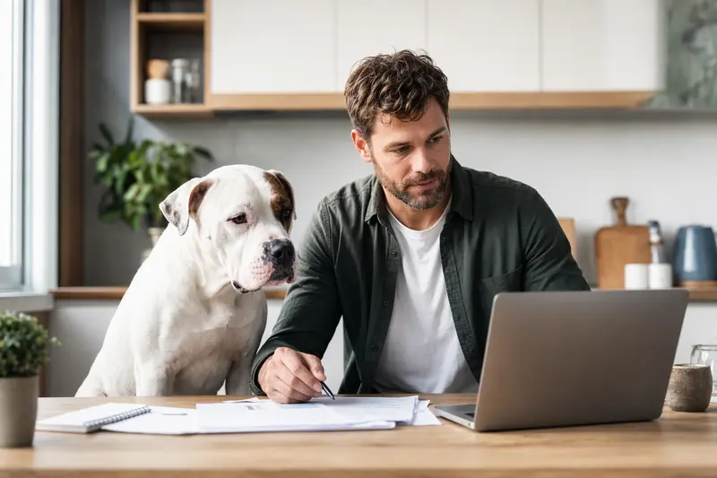 Ein American Bulldog sitzt entspannt neben seinem Besitzer am Küchentisch, auf dem Versicherungsunterlagen und ein Laptop liegen.