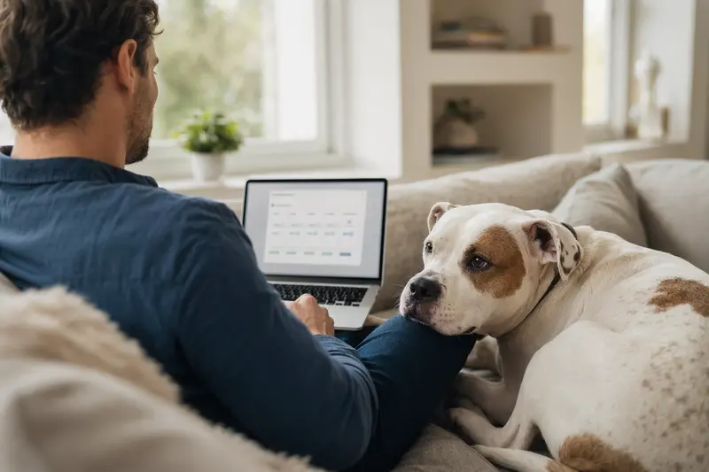 Ein Hundebesitzer arbeitet am Laptop auf dem Sofa, neben ihm sitzt ein American Bulldog und vermittelt Sicherheit bei der Wahl einer Tierkrankenversicherung.