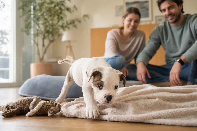 Ein neugieriger American Bulldog Welpe entdeckt sein neues Zuhause mit Spielzeug und einer liebevollen Familie im Hintergrund.