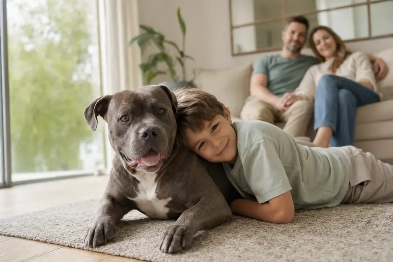 Ein entspannter American Bully Hund liegt neben einem Kind in einem hellen Wohnzimmer und schafft eine vertrauensvolle Atmosphäre.