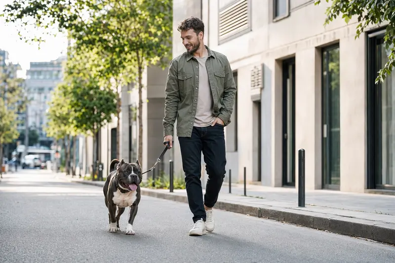 Ein American Bully Hund läuft an der Leine mit seinem Besitzer durch eine moderne Stadtstraße und genießt die frische Luft.
