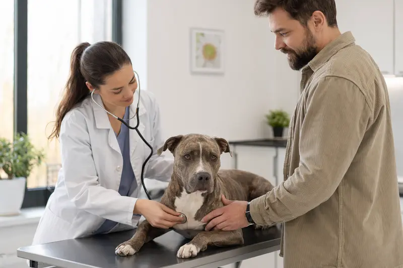 Ein ruhiger American Bully Hund wird in einer modernen Tierarztpraxis von einer freundlichen Tierärztin mit einem Stethoskop untersucht.