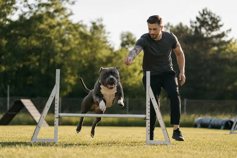 Ein American Bully trainiert mit seinem Besitzer auf einem Hundeplatz und springt über eine kleine Hürde.
