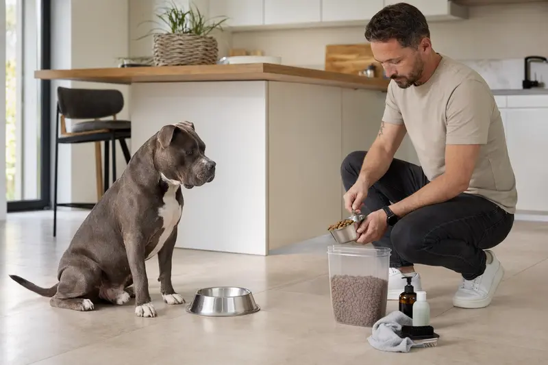 Ein American Bully Hund sitzt neben einem hochwertigen Futternapf und Pflegezubehör in einer hellen Küche, während der Besitzer Futter vorbereitet.