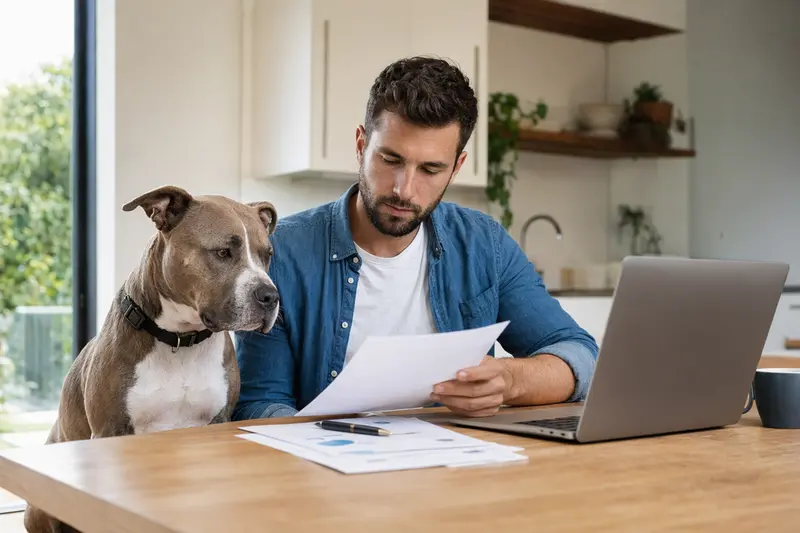 American Bully Hund sitzt ruhig neben seinem Besitzer am Küchentisch, während sie Versicherungsunterlagen und einen Laptop mit einer Vergleichsseite betrachten.