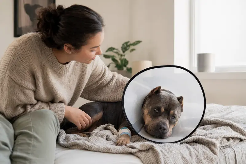Ein entspannter American Bully Hund ruht auf einer weichen Decke mit medizinischem Schutzkragen, während sein Besitzer neben ihm sitzt.