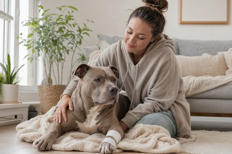 Ein American Bully Hund mit Verband an der Pfote ruhend auf einer Decke neben seinem erleichterten Besitzer in einer hellen Wohnung.