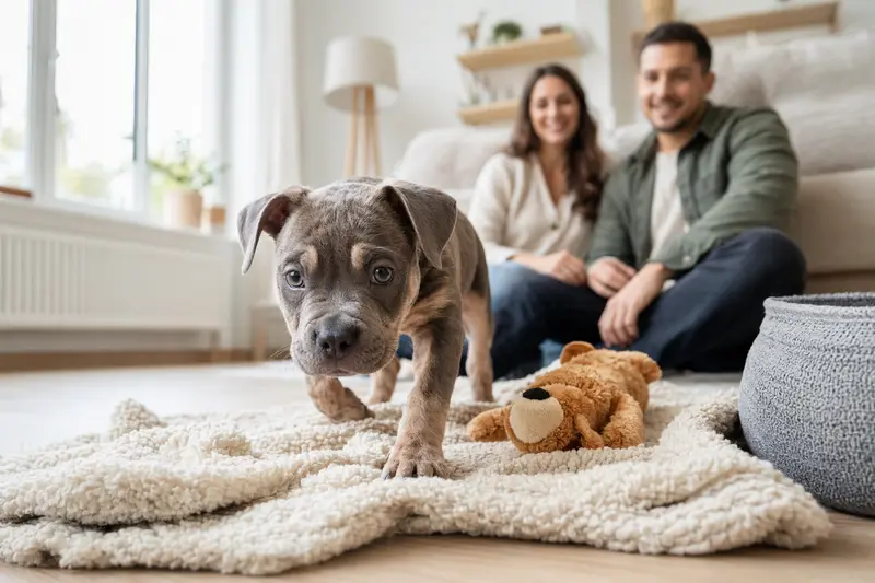 Ein neugieriger American Bully Welpe erkundet sein neues Zuhause mit einer liebevollen Familie im Hintergrund.