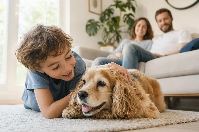 Ein American Cocker Spaniel Hund liegt entspannt neben einem Kind in einem freundlichen Wohnzimmer.